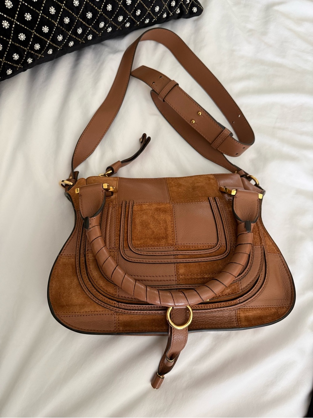 The Chloé Marcie Leather & Suede Patchwork Satchel in Dusty Tan NWT - Picture 6 of 17